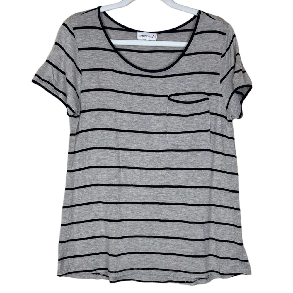 Coverstitched Scooped Neck Stripped Medium Loose Fit Short Sleeve Blouse